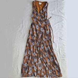 Everly Womens M Orange Purple Floral Wrap Dress V Neck Sleeveless Hi Lo Hem Tie